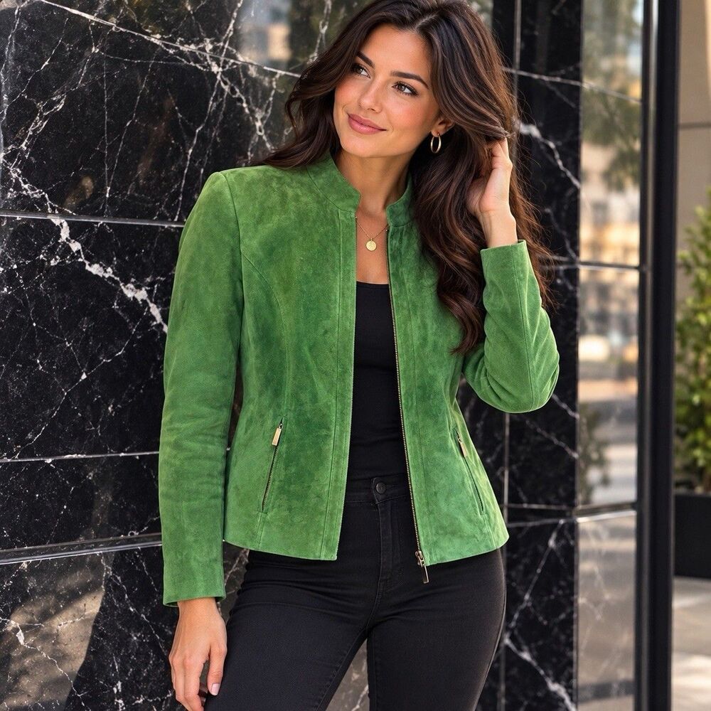 Preston & York Womens Candy Apple Green Leather Suede Blazer Jacket Size Small